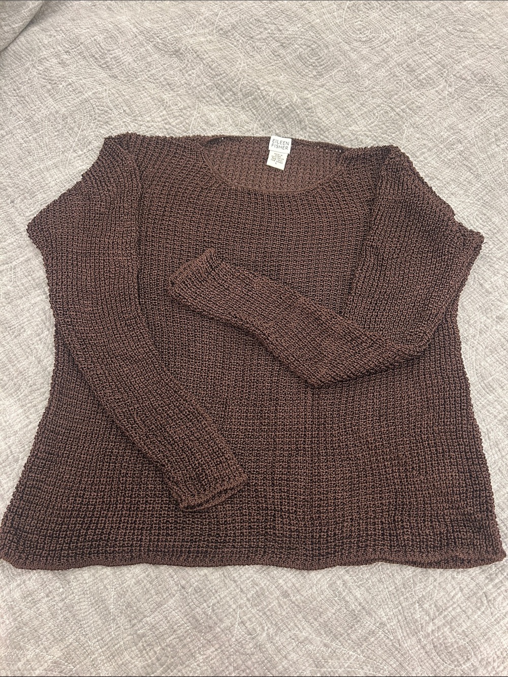 Eileen Fisher Chocolate Brown Open-Knit Mesh Summer Scoop Neck Sweater